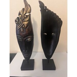 Vintage pair of 2 wood tribal MASKS on stands resin faces retro home decor